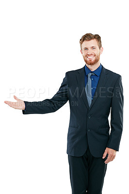 Buy stock photo Portrait, business or man with smile, presentation or guy isolated on white studio background. Male employee, corporate leader or entrepreneur for marketing, advertising campaign or product placement
