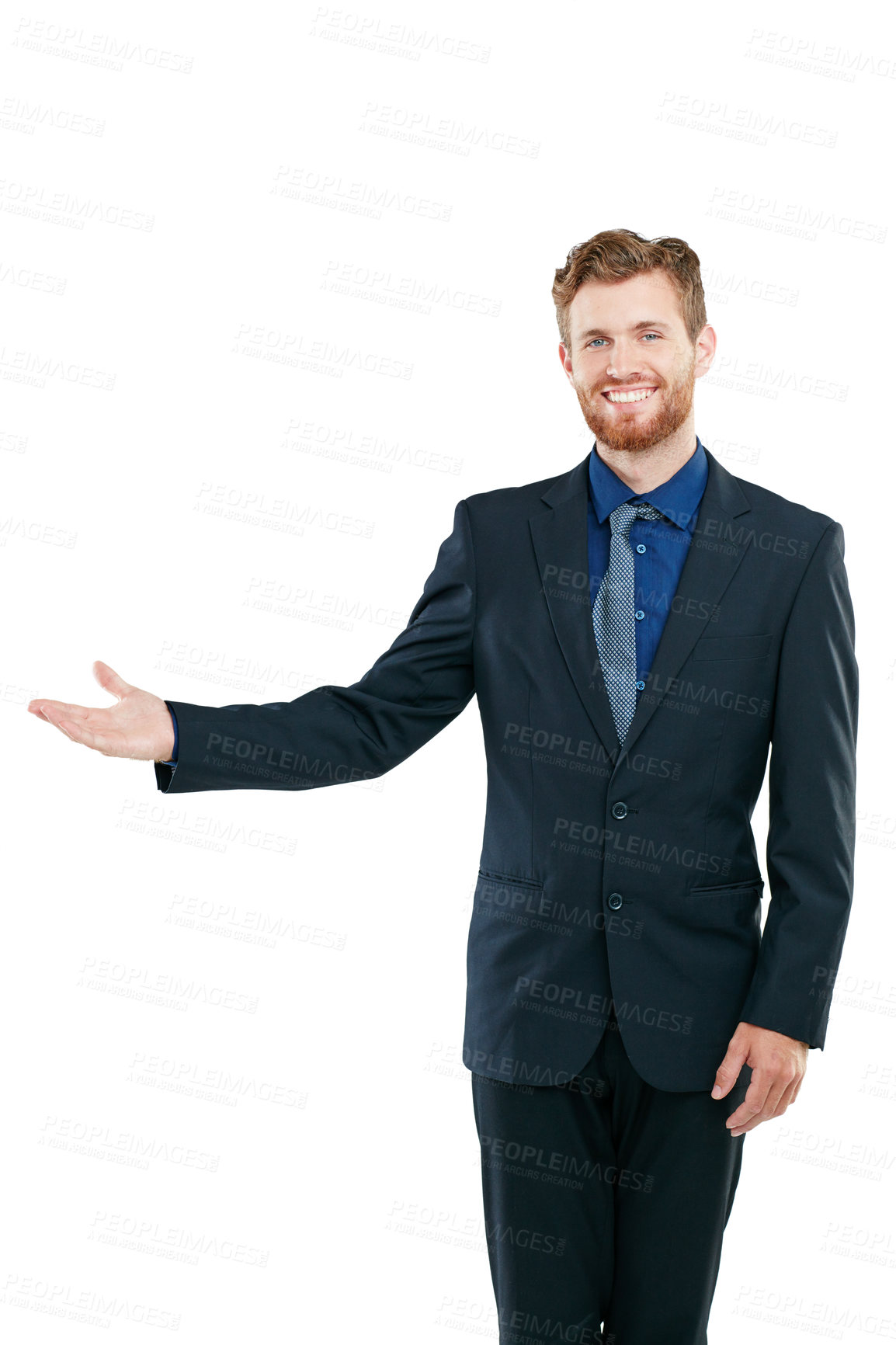 Buy stock photo Portrait, business or man with smile, presentation or guy isolated on white studio background. Male employee, corporate leader or entrepreneur for marketing, advertising campaign or product placement