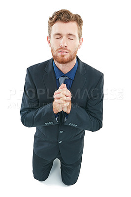 Buy stock photo Praying, job and business man in studio for hiring, recruitment or career opportunity hope, faith and help. Prayer hands sign, emoji and corporate worker in job search, interview results or feedback