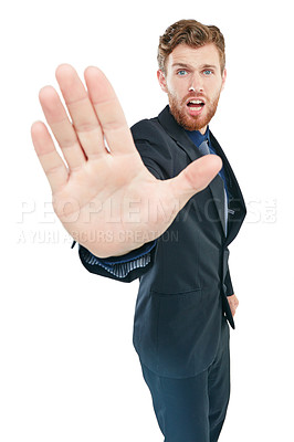 Buy stock photo Corporate ceo and stop hand portrait with stressed, frustrated and unhappy face in studio. Moody executive and businessman in distress on isolated white background with formal worker suit.

