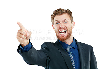 Buy stock photo Portrait, angry and businessman pointing in studio, frustrated and shouting on white background. Stress, threat and hand sign or warning, conflict or bullying, direction and aggression while isolated