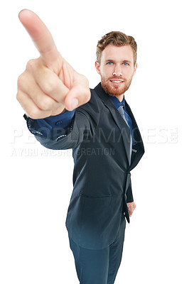 Buy stock photo Businessman, studio portrait and pointing with hand for vision, future or success by white background. Isolated man, corporate suit and hand sign with smile, goals or happy for professional aesthetic