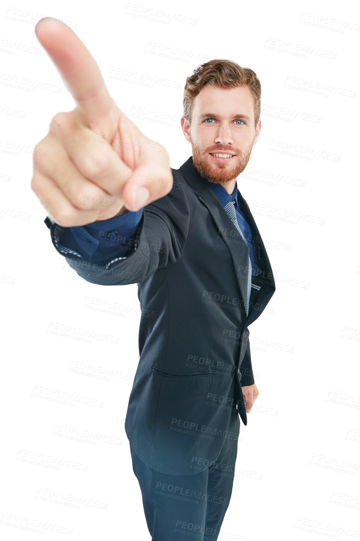 Buy stock photo Businessman, studio portrait and pointing with hand for vision, future or success by white background. Isolated man, corporate suit and hand sign with smile, goals or happy for professional aesthetic