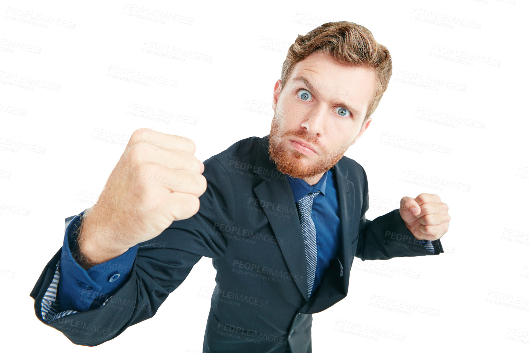 Buy stock photo Portrait, angry and fist with a business man in studio isolated on a white background for corporate conflict. Anger, aggression and violence with a male employee ready for a fight on blank space