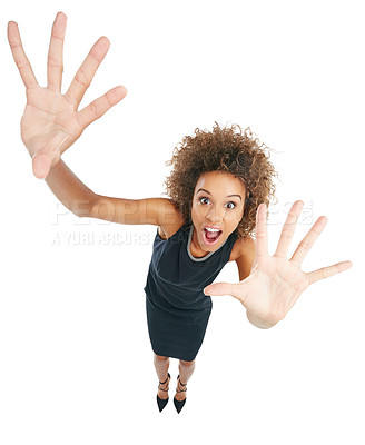 Buy stock photo Wow, happy and portrait of a black woman with hands isolated on a white background in studio. Shocked, surprise and above of an African business woman with a hand gesture on a studio background