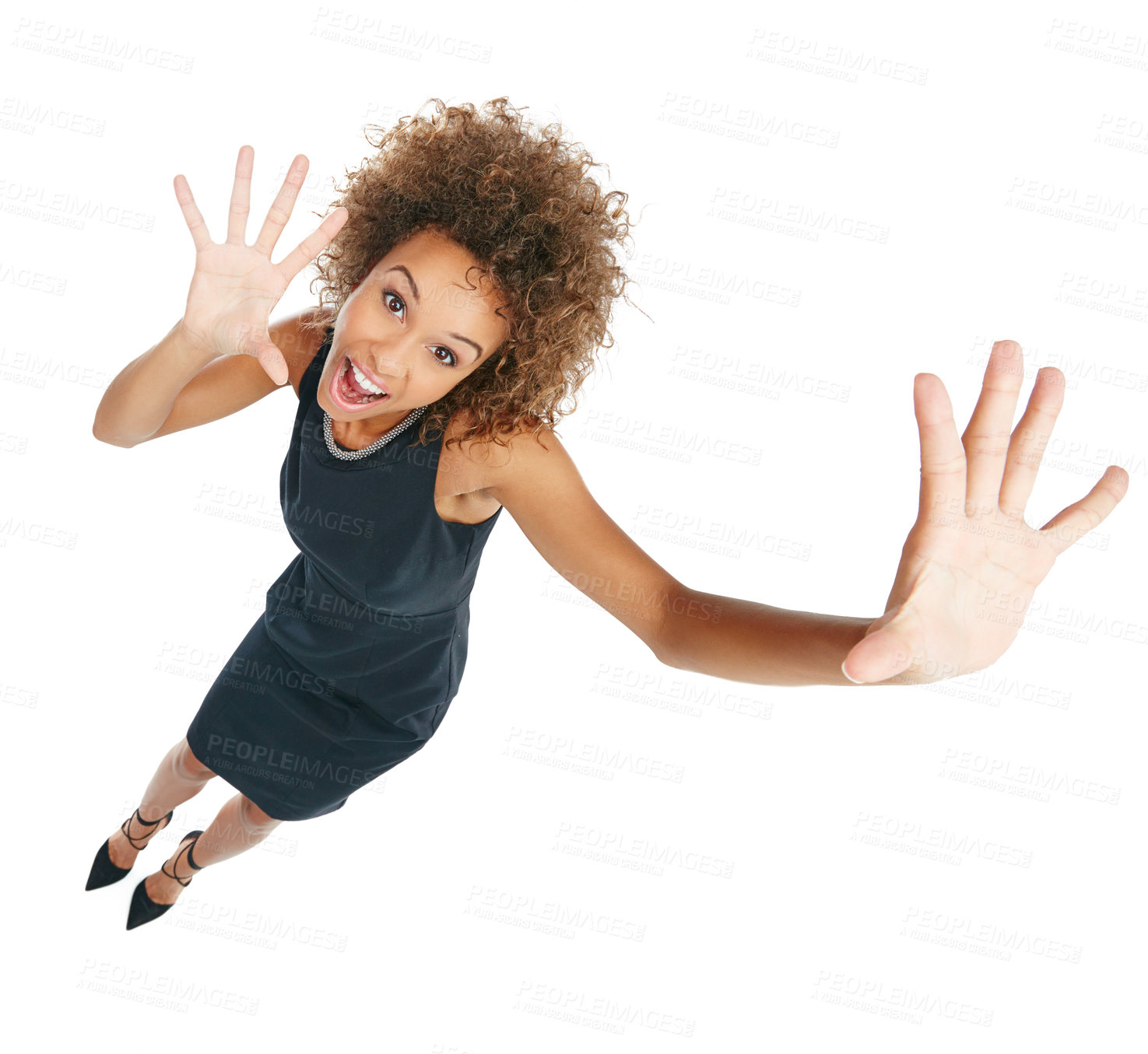 Buy stock photo Surprise, excited and portrait of a black woman with hands isolated on a white background. Shocked, smile and above of an African business employee with a confident gesture in a studio