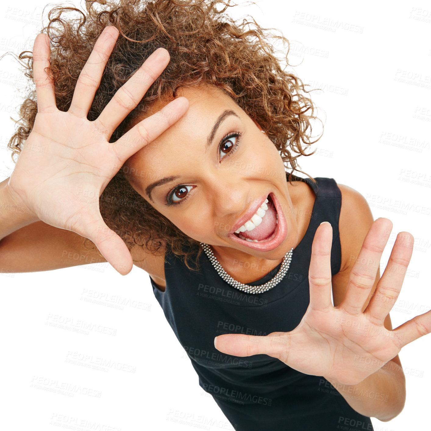 Buy stock photo Shock, excited and portrait of a woman in a studio with a screaming, shouting and wow facial expression. Surprise, happy and female model from Mexico with omg or wtf face isolated by white background