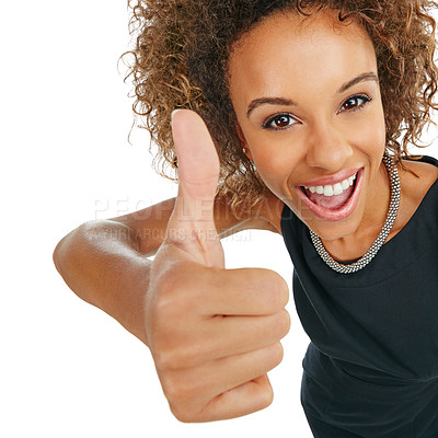 Buy stock photo Worker, black woman and thumbs up hand portrait with wow, happy or proud smile for success in corporate style. Yes, approval and agreement sign of business at isolated studio white background.