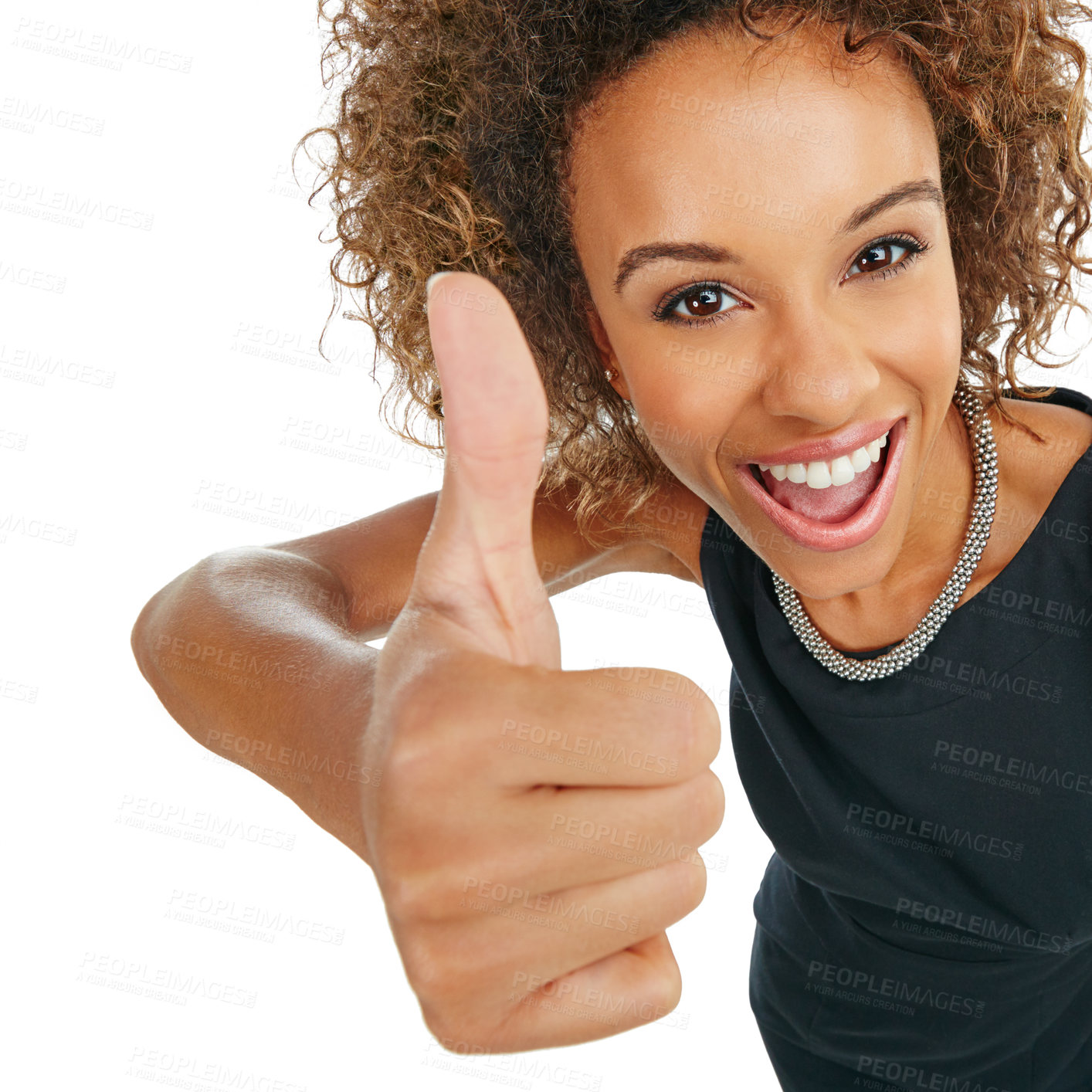Buy stock photo Worker, black woman and thumbs up hand portrait with wow, happy or proud smile for success in corporate style. Yes, approval and agreement sign of business at isolated studio white background.