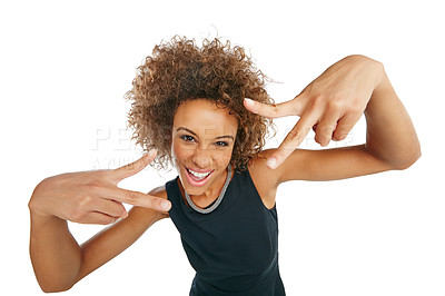 Buy stock photo Portrait, hands and black woman with peace sign in studio isolated on a white background. Face, fashion and attitude gesture, symbol or emoji of female model in stylish, designer and cool clothing.