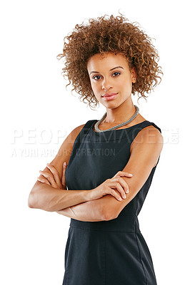 Buy stock photo Assertive, portrait and corporate fashion of woman worker with elegant, classy and professional style. Confident leader and proud black person at isolated studio white background with arms crossed.
