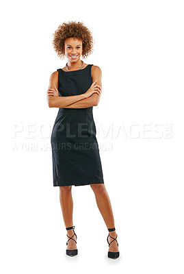 Buy stock photo Business woman, smile and standing with arms crossed in confidence against a white studio background. Portrait of a isolated black woman employee smiling in happiness for career, vision or ambition