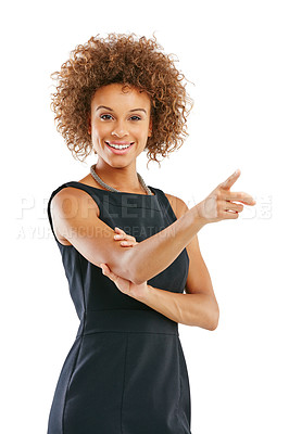 Buy stock photo Portrait, black woman and hand pointing to mockup in studio for advertising on white background. Face, finger and gesture by businesswoman for vision or marketing, idea and product placement isolated