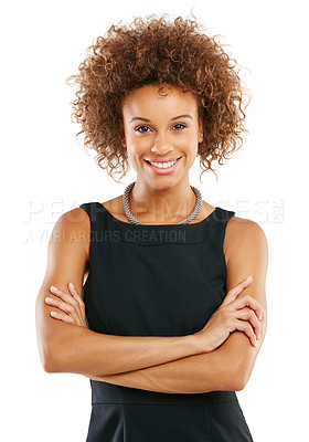 Buy stock photo Happy, proud and corporate black woman portrait with smile in elegant, professional and business fashion. Happiness, confidence and career girl smiling at isolated studio white background.