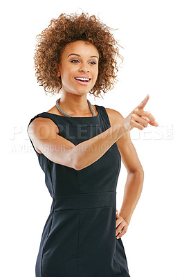 Buy stock photo Black woman, hand and pointing by business woman in studio for advertising on white background. Woman, hand gesture and entrepreneur with vision for marketing, idea and isolated for product placement