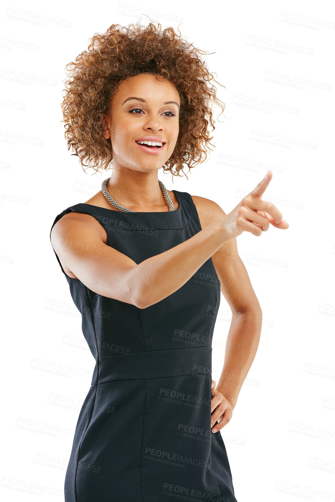 Buy stock photo Black woman, hand and pointing by business woman in studio for advertising on white background. Woman, hand gesture and entrepreneur with vision for marketing, idea and isolated for product placement