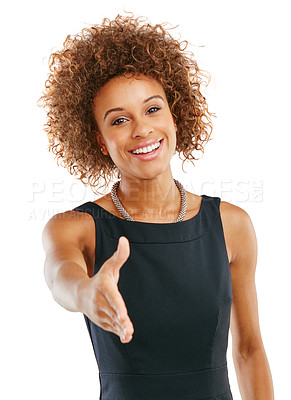 Buy stock photo Portrait, handshake and business woman in studio for welcome, thank you or hiring on white background. Hr, black woman and shaking hands for deal, success and partnership, recruitment and isolated