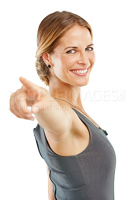 Buy stock photo Woman pointing, you and studio portrait to show winner, opportunity or choice for success, vote and direction. Hiring professional worker, employee or manager with hand sign for recruitment and smile