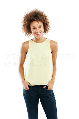 Buy stock photo Black woman, portrait or afro hairstyle in fashion, trendy or cool style branding on isolated white background. Smile, happy person or model in confidence clothes for about us, profile picture or id