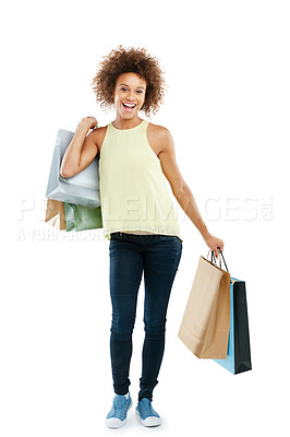 Buy stock photo Black woman, happy portrait and shopping bag for retail market, promotion or isolated in white background. African girl, customer smile and boutique purchase, clothes package and happiness in studio