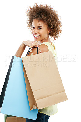 Buy stock photo Sale, face and shopping customer or black woman happy with giveaway isolated against a studio white background. Portrait of an excited, fashion and smiling young buyer holding retail bags