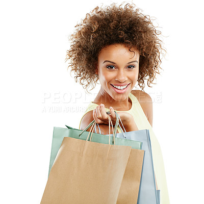 Buy stock photo Retail, portrait and deal or sale for black woman happy for a giveaway isolated against a studio white background. Excited, shopping and joyful female buyer or customer holding bags