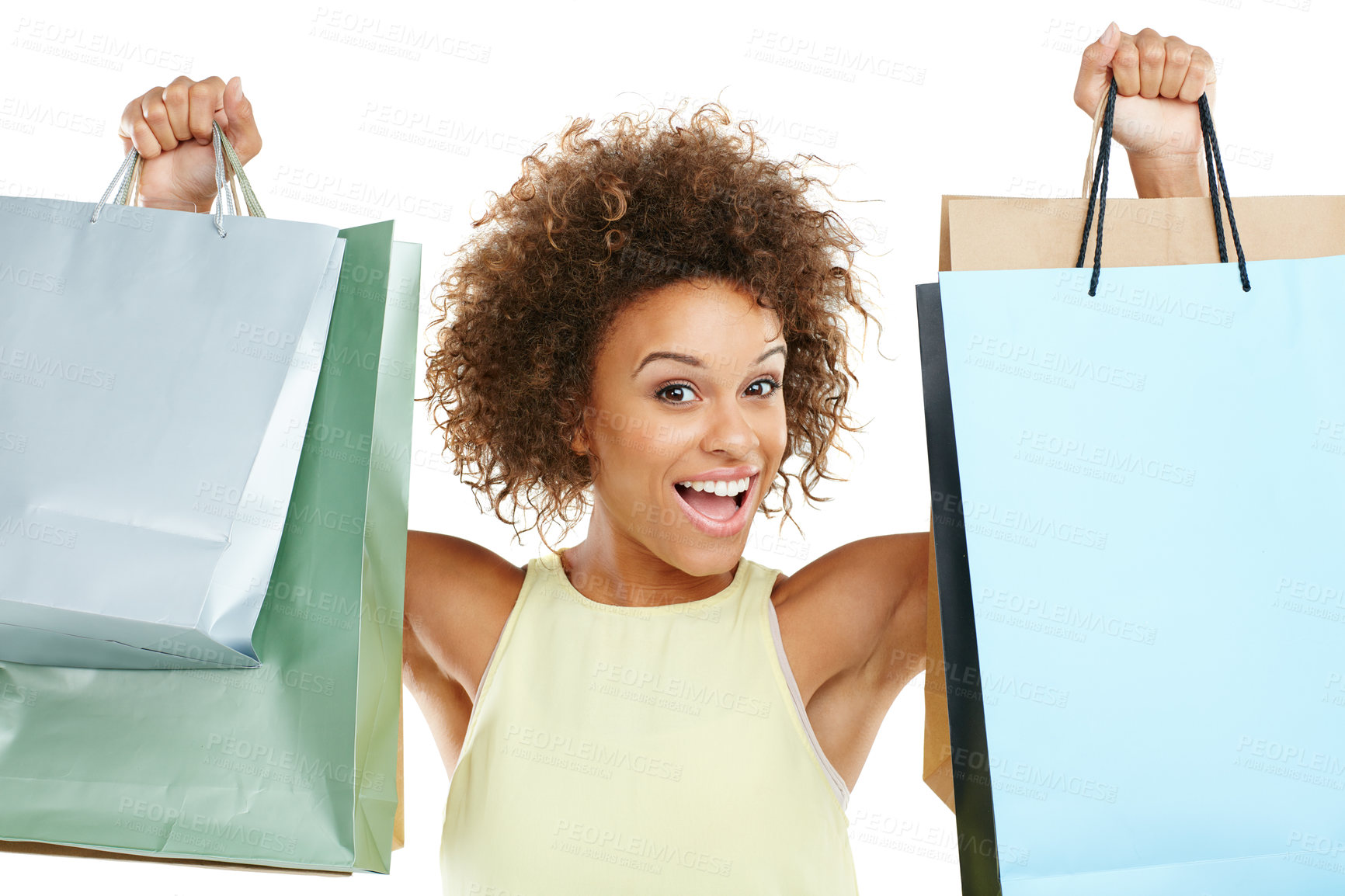 Buy stock photo Portrait, shopping and retail with a black woman in studio isolated on a white background while holding shopping bags. Store, customer and discount with a female model on black space for marketing