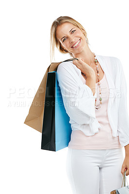 Buy stock photo Woman, happy with shopping bag while shopping and retail, fashion customer isolated on white background. Smile in portrait, luxury designer brand and clothes, paper bag gift and discount with sale