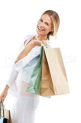 Buy stock photo Woman, happy with shopping bag, fashion and shopping, retail and customer isolated on white background. Smile in portrait, luxury designer brand and clothes, paper bag gift and discount with sale