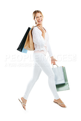 Buy stock photo Woman, happy customer with shopping bag, fashion and retail, shopping and customer in air isolated on white background. Smile in portrait, designer brand and clothes, paper bag gift and discount sale