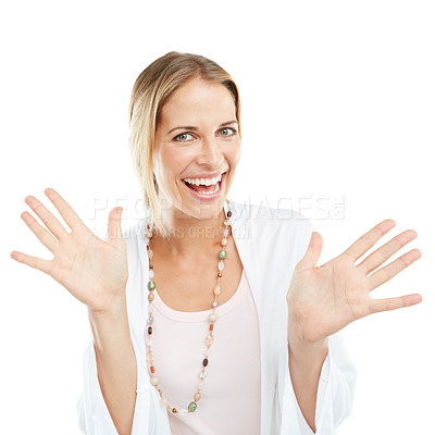 Buy stock photo Surprise, hands wave and portrait of a mature woman with happiness and a smile showing palms. White background, happy and isolated model excited with hand waves in a studio with mock up and smiling