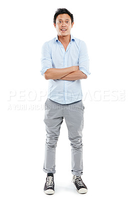 Buy stock photo Business man, studio portrait and arms crossed in studio for surprise, confused or shocked emoji. Male asian model isolated on a white background for wow fashion or business news announcement