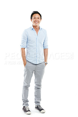 Buy stock photo Young businessman, success portrait and standing ready for employee happiness, positive mindset and isolated in white background. Man, happy and confident entrepreneur or startup motivation in studio