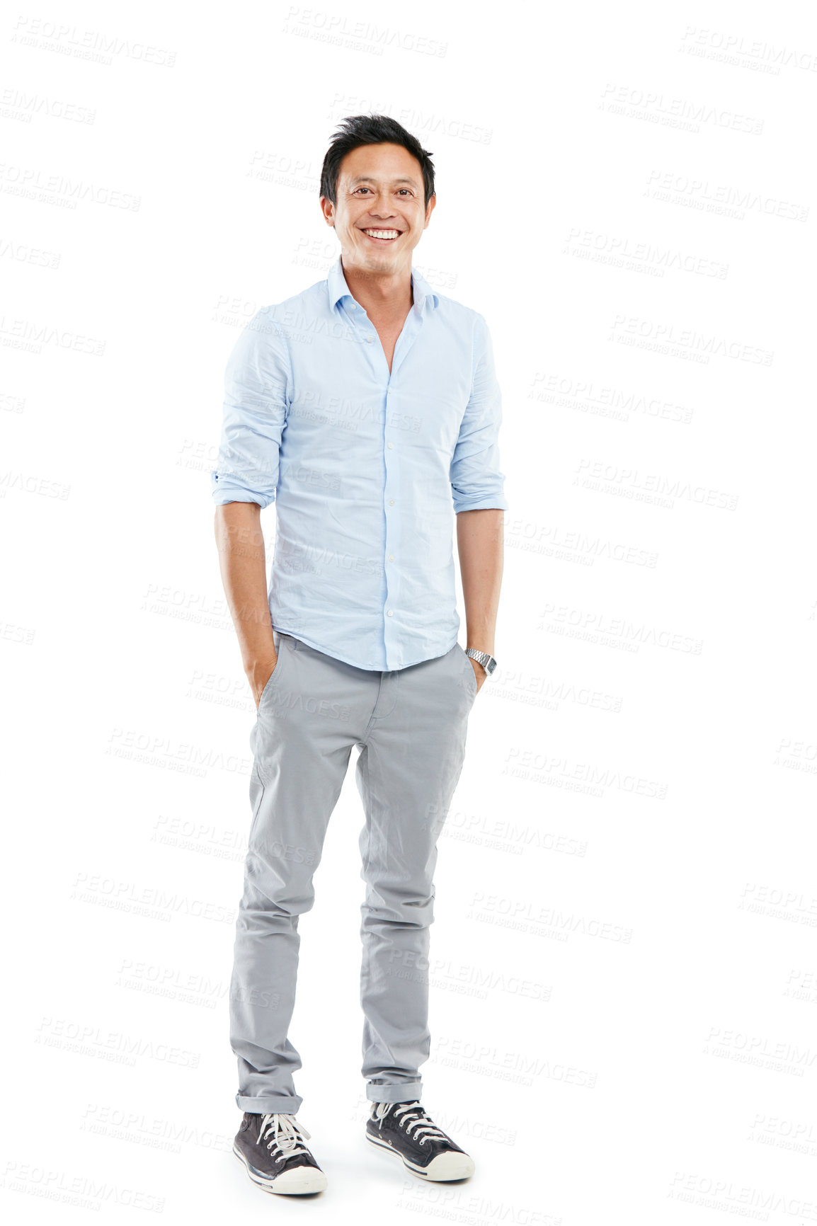 Buy stock photo Young businessman, success portrait and standing ready for employee happiness, positive mindset and isolated in white background. Man, happy and confident entrepreneur or startup motivation in studio