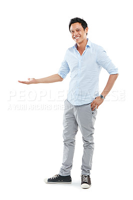 Buy stock photo Young businessman, success smile and open hands or standing ready for employee happiness, positive mindset and isolated in white background. Man, happy gesture and confident entrepreneur in studio