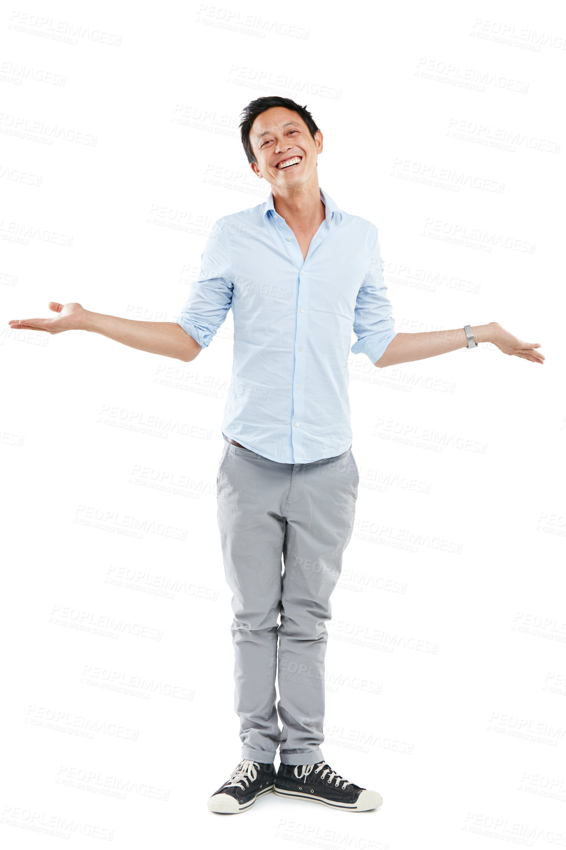 Buy stock photo Man, happy portrait and shrugging in studio with a smile and open or empty hands isolated on  white background. Asian male model advertising a positive mindset, happiness and lifestyle balance