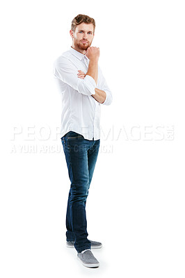 Buy stock photo Portrait, thinking and handsome entrepreneur in studio with idea or contemplation against white background. Confused, businessman and unsure guy with doubt, contemplating and decide while isolated