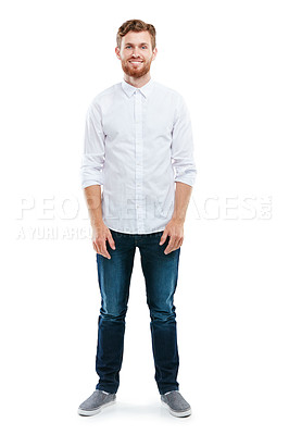 Buy stock photo Fashion, natural and portrait of a man in a studio with a stylish, casual and luxury outfit. Happy, smile and young male model with style, cool and trendy clothes isolated by a white background.