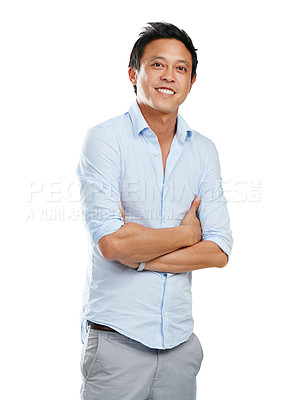 Buy stock photo Portrait, man and proud asian in studio, happy and smile while posing, empowered on white background. Businessman, confidence and young, handsome and modern entrepreneur, relax and positive isolated