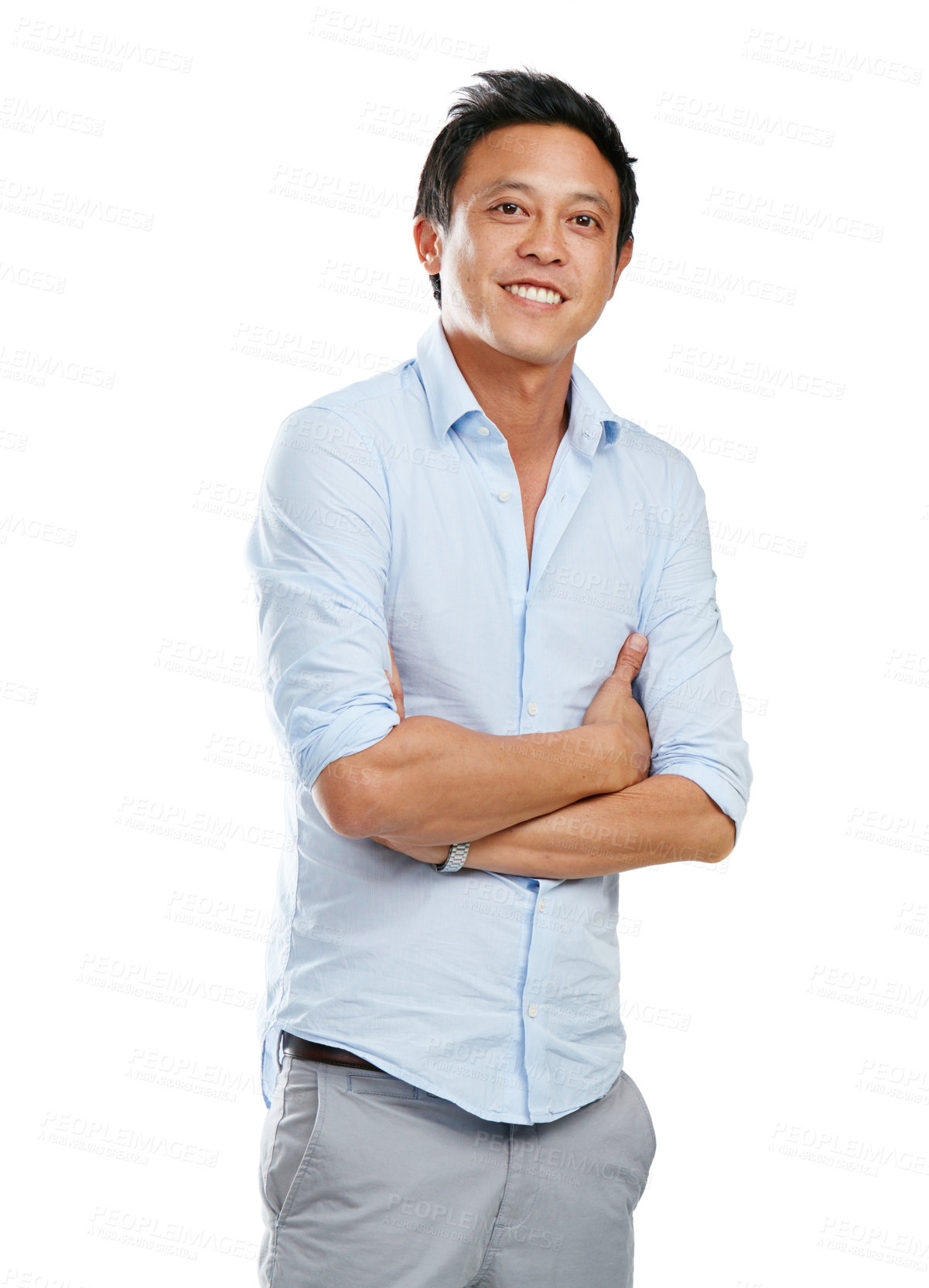 Buy stock photo Portrait, man and proud asian in studio, happy and smile while posing, empowered on white background. Businessman, confidence and young, handsome and modern entrepreneur, relax and positive isolated