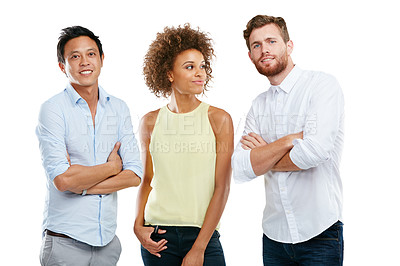 Buy stock photo Diversity, group of people together and support standing isolated in white background. Interracial team, casual friends and collaboration portrait for positive mindset energy or success in studio