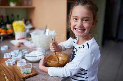 Buy stock photo Portrait of a little girl baking in the kitchen