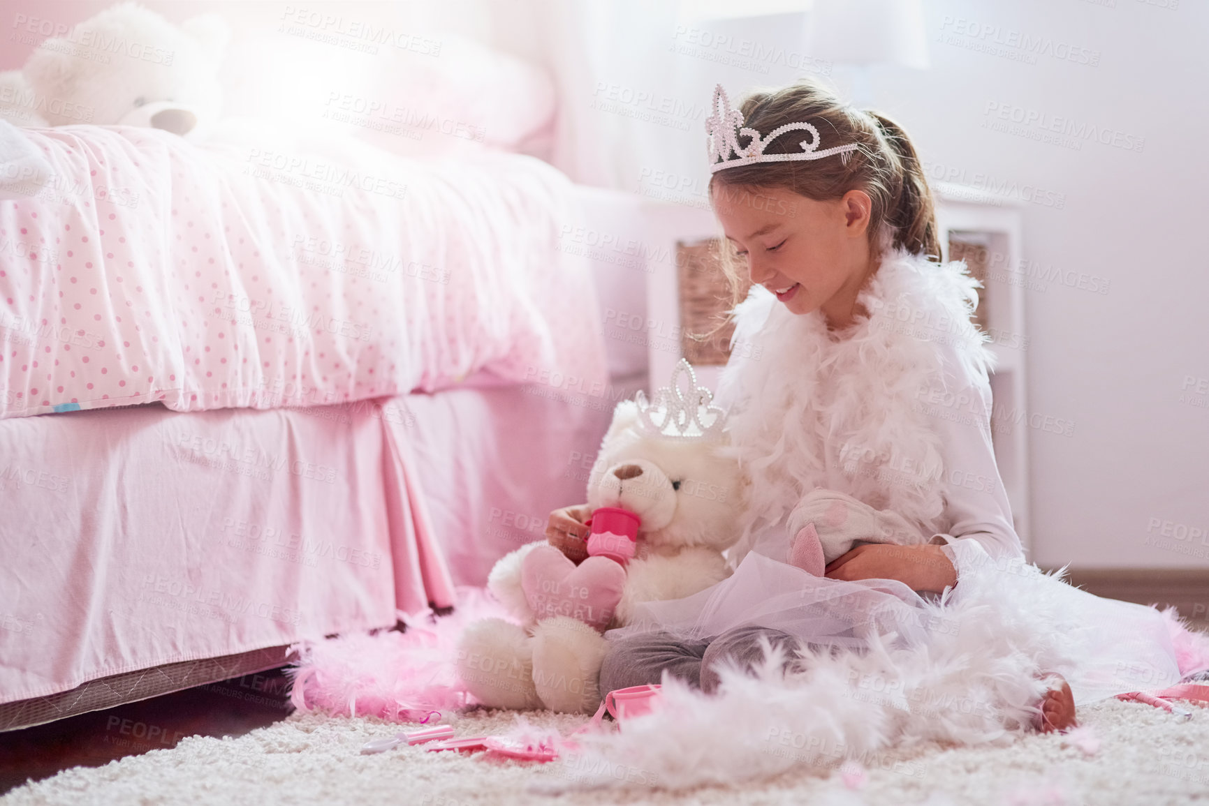 Buy stock photo Child, princess and tea party with teddy bear in home with tiara for imagination games, happiness or development. Girl, kid and play with feather costume in bedroom with toys, fancy dress or fantasy