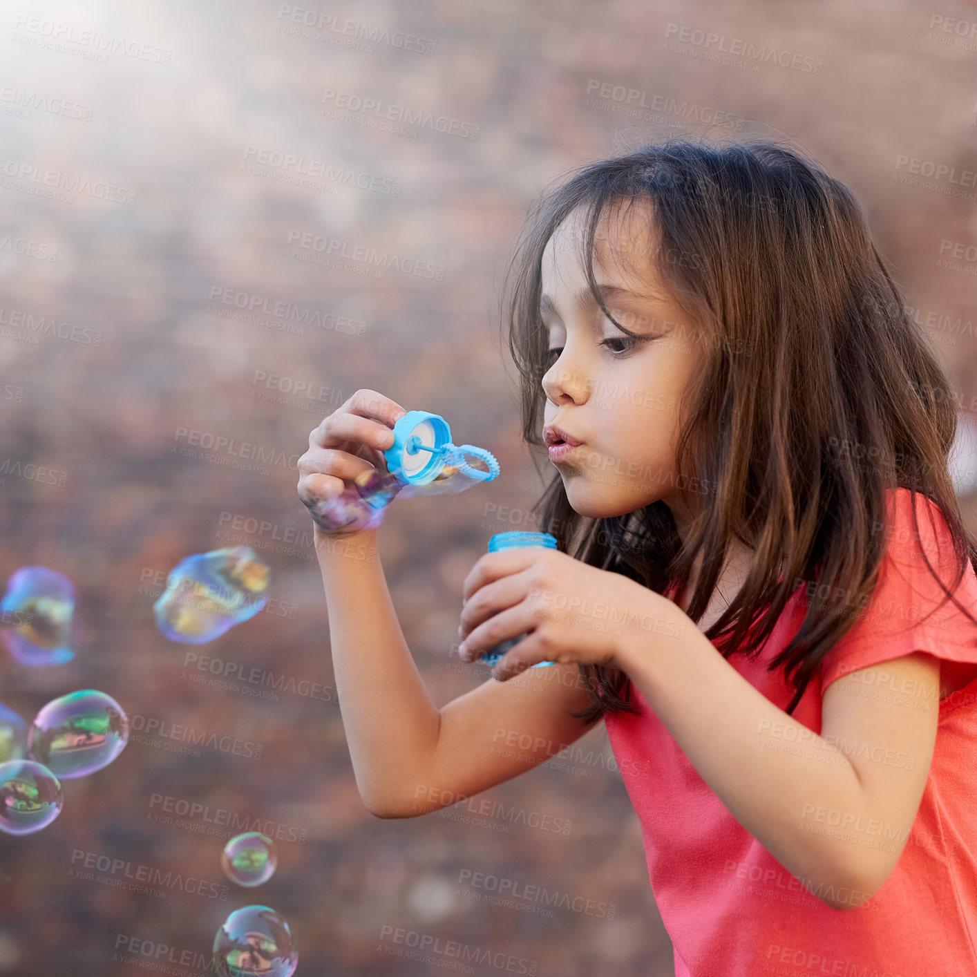 Buy stock photo Blowing, bubbles and girl outdoor relax in summer with magic, toys or fun on vacation or holiday. Childhood, memory and child with breathe in foam or soap in backyard, garden or park with peace