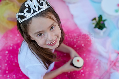 Buy stock photo Portrait of a little girl dressed up as a princess having a picnic outside