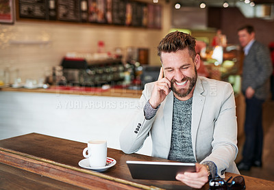 Buy stock photo Businessman, phone call and happy in coffee shop for funny conversation and communication with client. Male person, technology and remote work in cafe for brainstorming, planning and idea for project