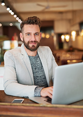 Buy stock photo Businessman, portrait and laptop in coffee shop for email, conversation and communication with client. Male person, technology and remote work in cafe for brainstorming, idea and planning for project