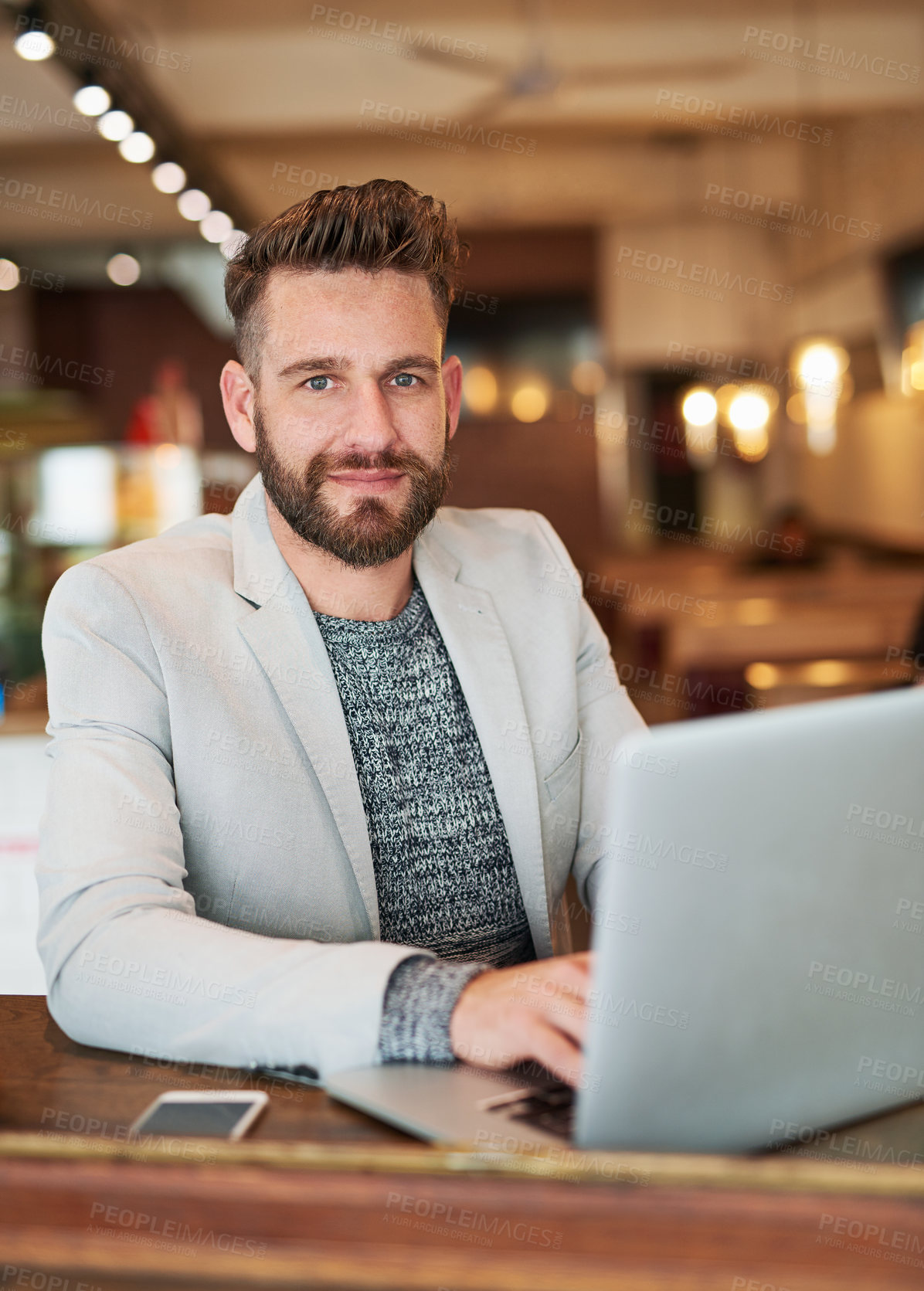 Buy stock photo Businessman, portrait and laptop in coffee shop for email, conversation and communication with client. Male person, technology and remote work in cafe for brainstorming, idea and planning for project