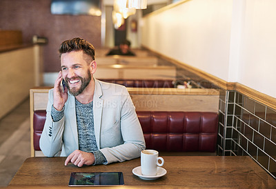 Buy stock photo Businessman, phone call and happy in coffee shop for comic conversation and communication with client. Male person, tablet and remote work in cafe for brainstorming, planning and idea for startup