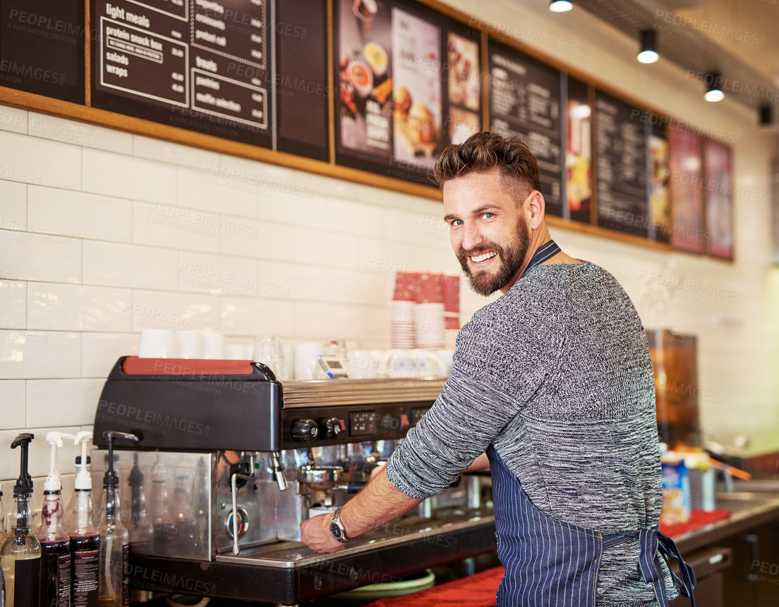 Buy stock photo Man, barista and coffee machine in cafe for portrait to prepare espresso for breakfast with hospitality as owner. Happy, manager and waiter as server in store with caffeine product or drink at shop
